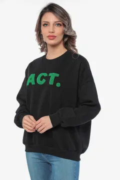 Kadın Act Kabartma Baskılı Şardonlu Sweatshirt Siyah