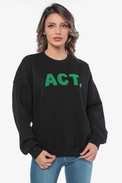 Kadın Act Kabartma Baskılı Şardonlu Sweatshirt Siyah