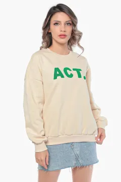 Kadın Act Kabartma Baskılı Şardonlu Sweatshirt Taş