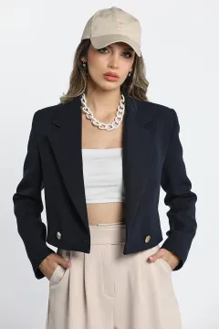 Kadın Astarlı Crop Top Blazer Ceket Lacivert