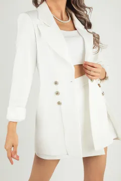 Kadın Astarlı Düğmeli Blazer Ceket Krem
