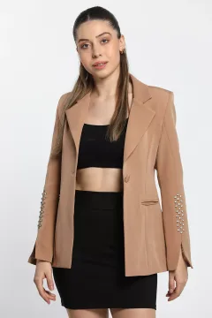 Kadın Astarlı Kolu Taş Detaylı Blazer Ceket Bisküvi