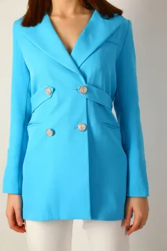 Kadın Astarlı Uzun Blazer Ceket Mavi
