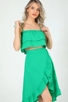 Kadın Ayarlanabilir Askılı Crop Bluz Yırtmaçlı Anvelop Etek İkili Takım Yeşil
