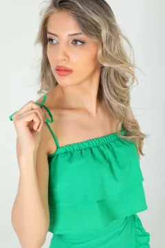 Kadın Ayarlanabilir Askılı Crop Bluz Yırtmaçlı Anvelop Etek İkili Takım Yeşil