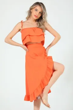 Kadın Ayarlanabilir Askılı Crop Bluz Yırtmaçlı Anvelop Etek İkili Takım Koyu Orange