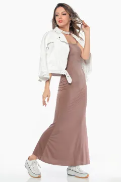 Kadın Ayarlanabilir Askılı Uzun Sandy Elbise Vizon
