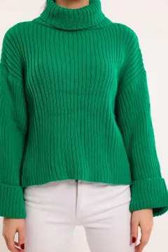 Kadın Balıkçı Yaka Kol Katlamalı Triko Bluz Yeşil
