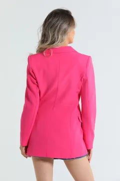 Kadın Bel Bağlamalı Sahte Cep Detayl Astarlıı Uzun Blazer Ceket Pembe