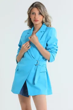 Kadın Bel Bağlamalı Sahte Cep Detayl Astarlıı Uzun Blazer Ceket Mavi