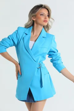 Kadın Bel Bağlamalı Sahte Cep Detayl Astarlıı Uzun Blazer Ceket Mavi