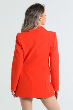 Kadın Bel Bağlamalı Sahte Cep Detayl Astarlıı Uzun Blazer Ceket Orange
