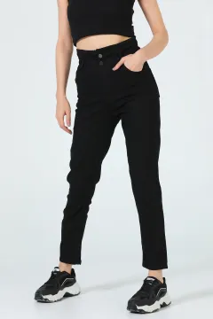 Kadın Bel Büzgülü Mom Jeans Pantolon Siyah