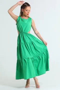 Kadın Bel Dekolteli Eteği Bağcık Detaylı Sıfır Kol Yazlık Elbise Yeşil