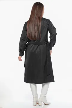 Kadın Bel Kuşaklı Uzun Trençkot Siyah