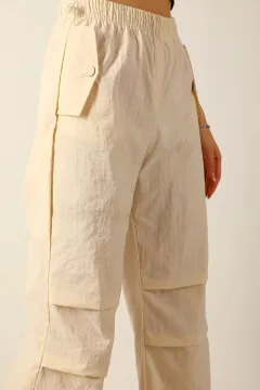 Kadın Bel Ve Paça Lastikli Cep Detaylı Pantolon Bej