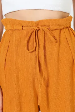 Kadın Beli Fırfırlı Zara Örme Pantolon Hardal