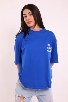 Kadın Bisiklet Yaka Baskılı T-shirt Saksmavisi