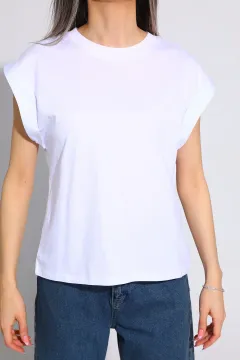 Kadın Bisiklet Yaka Kol Katlamalı T-shirt Beyaz