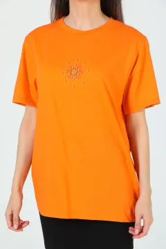 Kadın Bisiklet Yaka Nakışlı İncili T-shirt Orange