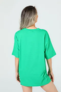 Kadın Bisiklet Yaka Ön Baskılı Salaş T-shirt Yeşil
