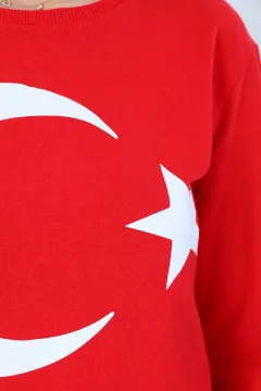 Kadın Bisiklet Yaka Türk Bayrağı Baskılı Sweatshirt Kırmızı