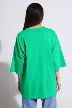 Kadın Bisiklet Yaka Yan Düğme Detaylı Oversize T-shirt Yeşil