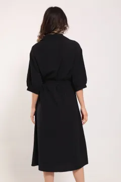 Kadın Boydan Düğmeli Bel Kuşak Detaylı Elbise Siyah