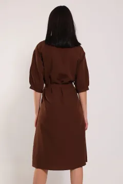 Kadın Boydan Düğmeli Bel Kuşak Detaylı Elbise Kahve