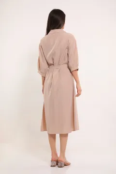Kadın Boydan Düğmeli Bel Kuşak Detaylı Elbise Taş