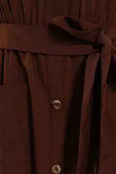 Kadın Boydan Düğmeli Cepli Kuşak Detaylı Elbise Kahve