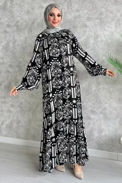 Kadın Boydan Düğmeli Desenli Kuşaklı Tesettür Elbise Siyah