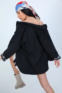 Kadın Cepli Yazılı Oversize Gömlek Siyah