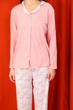 Kadın Çiçek Detaylı Ribanalı Pijama Takımı Pudra