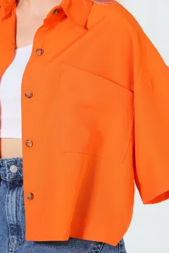 Kadın Çift Cepli Oversize Crop Gömlek Orange