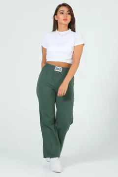 Kadın Çimalı Şardonlu Bol Paça Pantolon Eşofman Yeşil