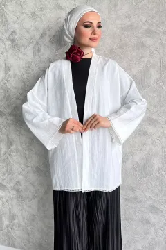 Kadın Dantel Detaylı Tesettür Kimono Hırka Krem