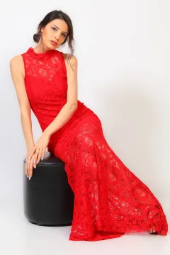 Kadın Dantelli Astarlı Uzun Balık Abiye Elbise Kırmızı