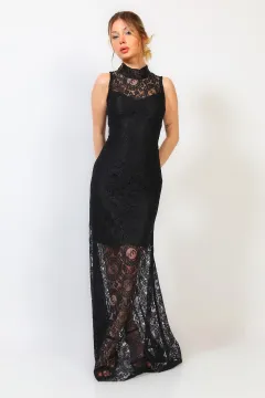 Kadın Dantelli Astarlı Uzun Balık Abiye Elbise Siyah