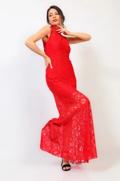 Kadın Dantelli Astarlı Uzun Balık Abiye Elbise Kırmızı