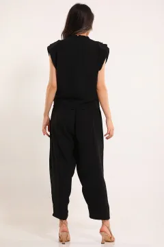 Kadın Degaje Yaka Omuz Vatkalı Pantolon Bluz İkili Takım Siyah