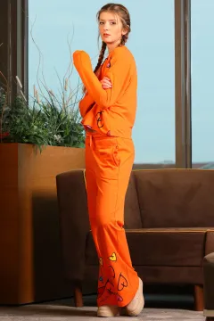 Kadın Desenli Bol Paça İkili Takım Orange