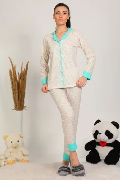 Kadın Desenli Ribanalı Pijama Takımı Mint