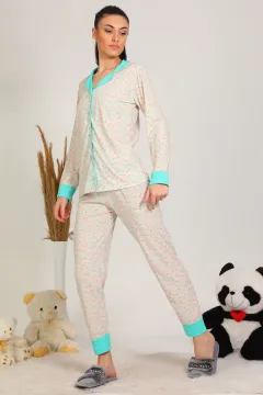 Kadın Desenli Ribanalı Pijama Takımı Mint