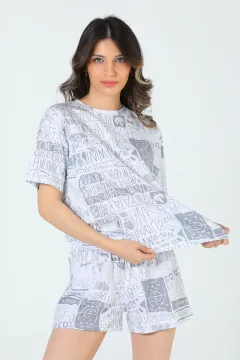 Kadın Desenli Şortlu Pijama Takımı Beyaz