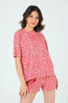 Kadın Desenli Şortlu Pijama Takımı Nar Çiçeği