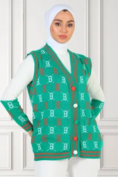 Kadın Desenli Triko Bluz Yelek İkili Takım Yeşil
