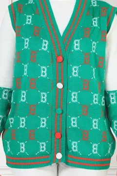 Kadın Desenli Triko Bluz Yelek İkili Takım Yeşil