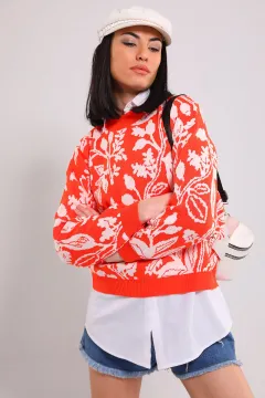 Kadın Desenli Triko Kazak Orange