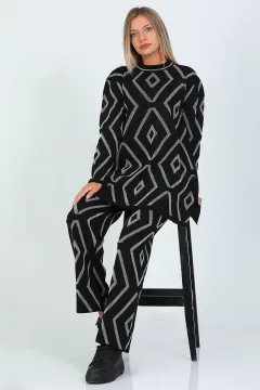 Kadın Desenli Tesettür Triko Tunik Pantolon İkili Takım Siyah